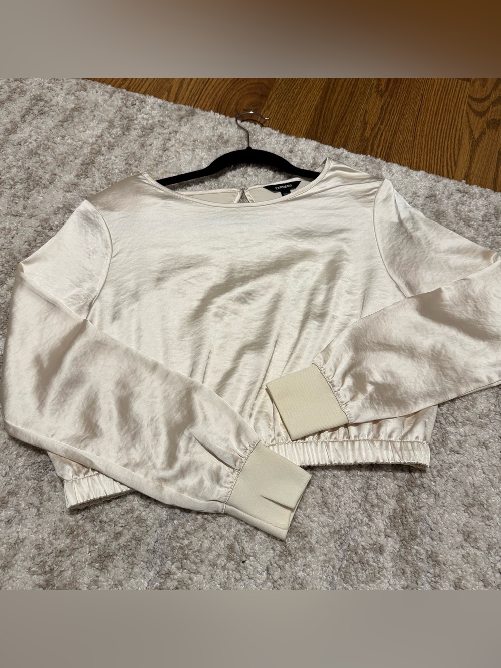 Express Satin-Feel Cream Cropped Long Sleeve Top